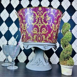Large Burgundy Gold Baroque Metal Ice Bucket Oval Champagne Tub Planter 15”